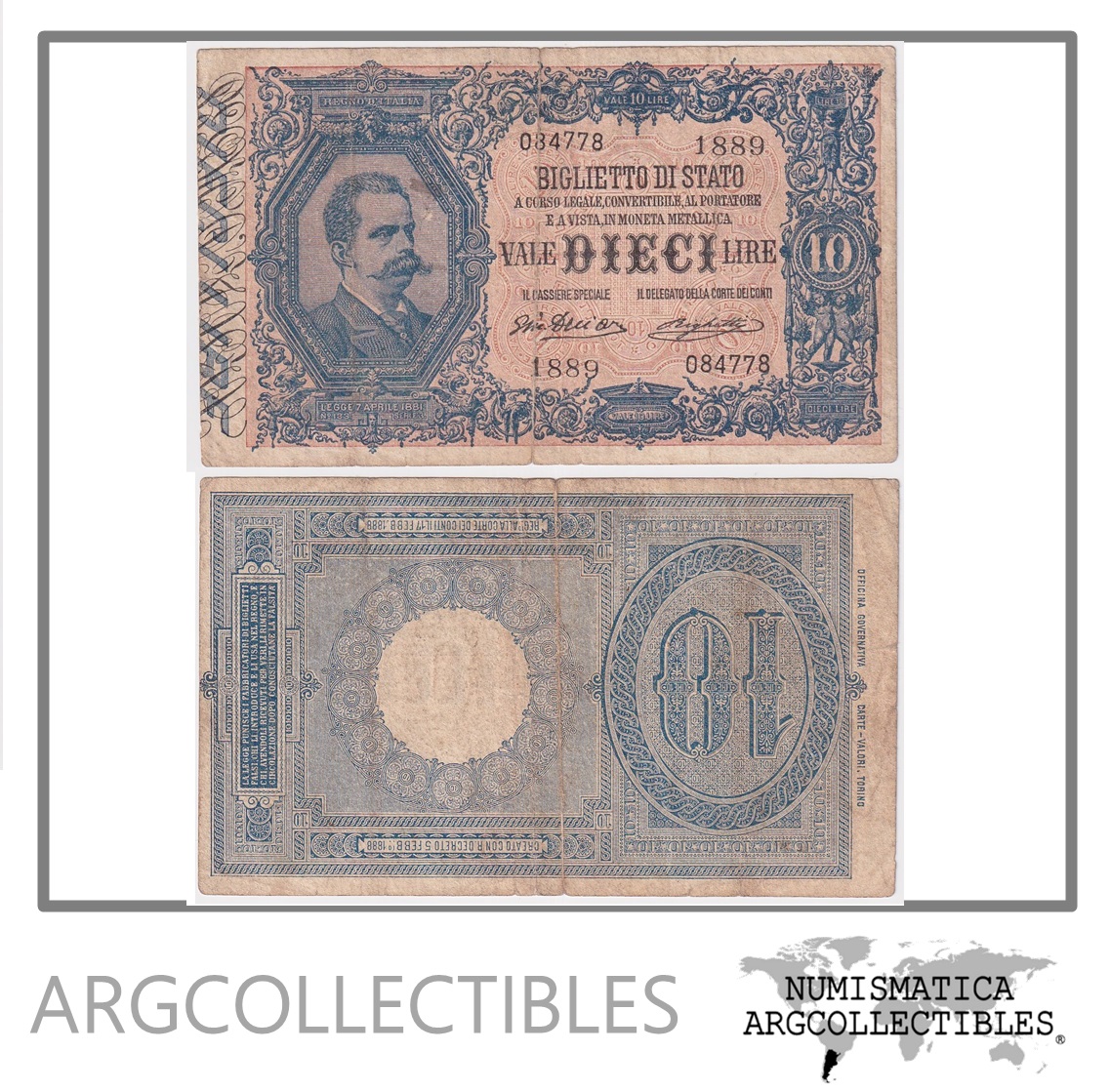 Italia Billete 10 Liras 1888 P-20F F+