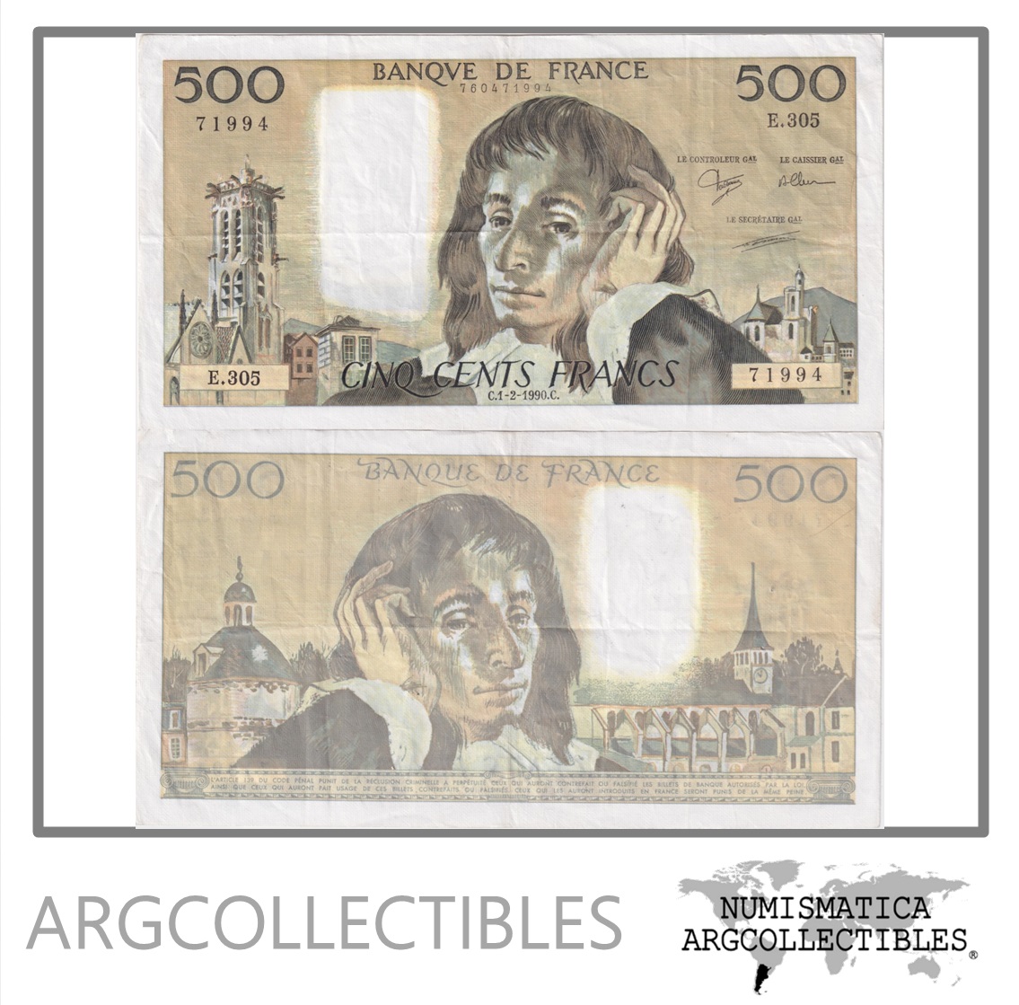 Francia Billete 500 Francos 1990 P-156g VF+