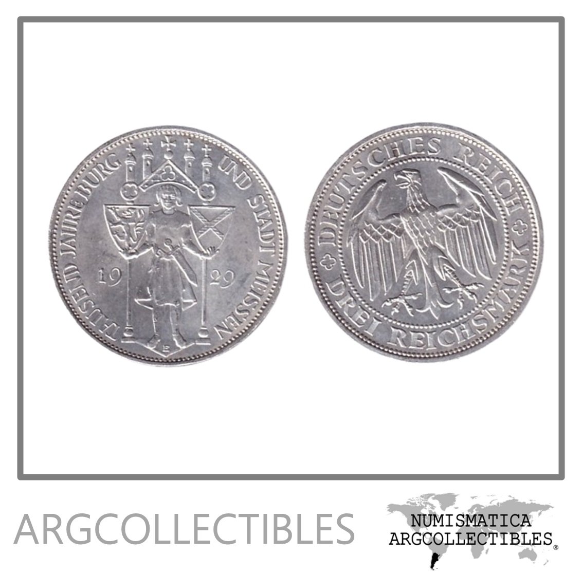Alemania Weimar Moneda 3 Marcos 1929 E Plata 500 / 1000 Aniversario Meissen KM-65 AU
