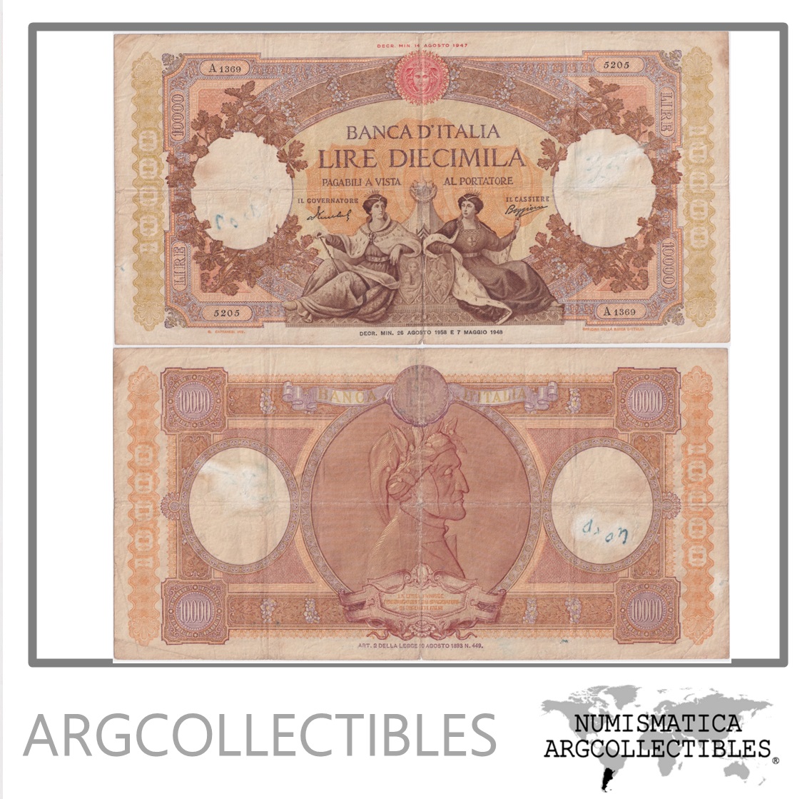 Italia Billete 10.000 Liras 1958 P-89c VF (Escrito)