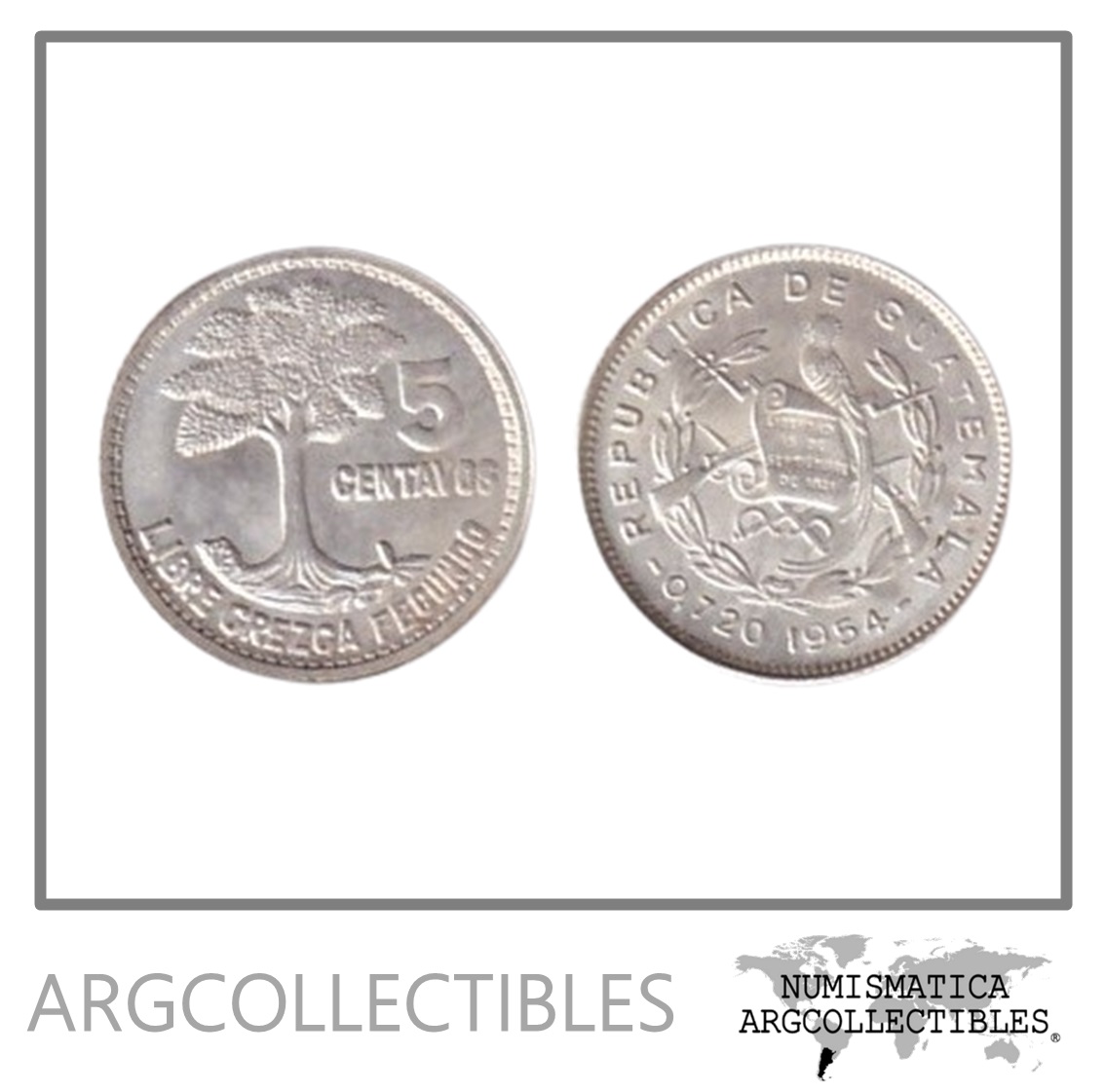 GUATEMALA Moneda de Plata 720, 5 Centavos, KM257.1 UNC 1954