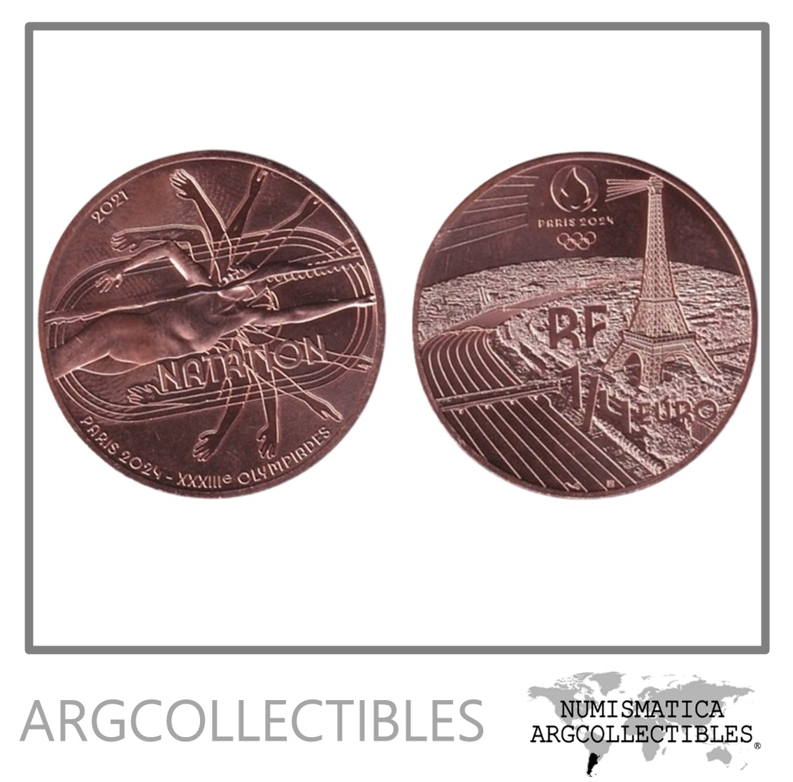Francia Moneda 1/4 Euro 2021 Cobre UNC Juegos Olimpicos Paris 2024 Natacion