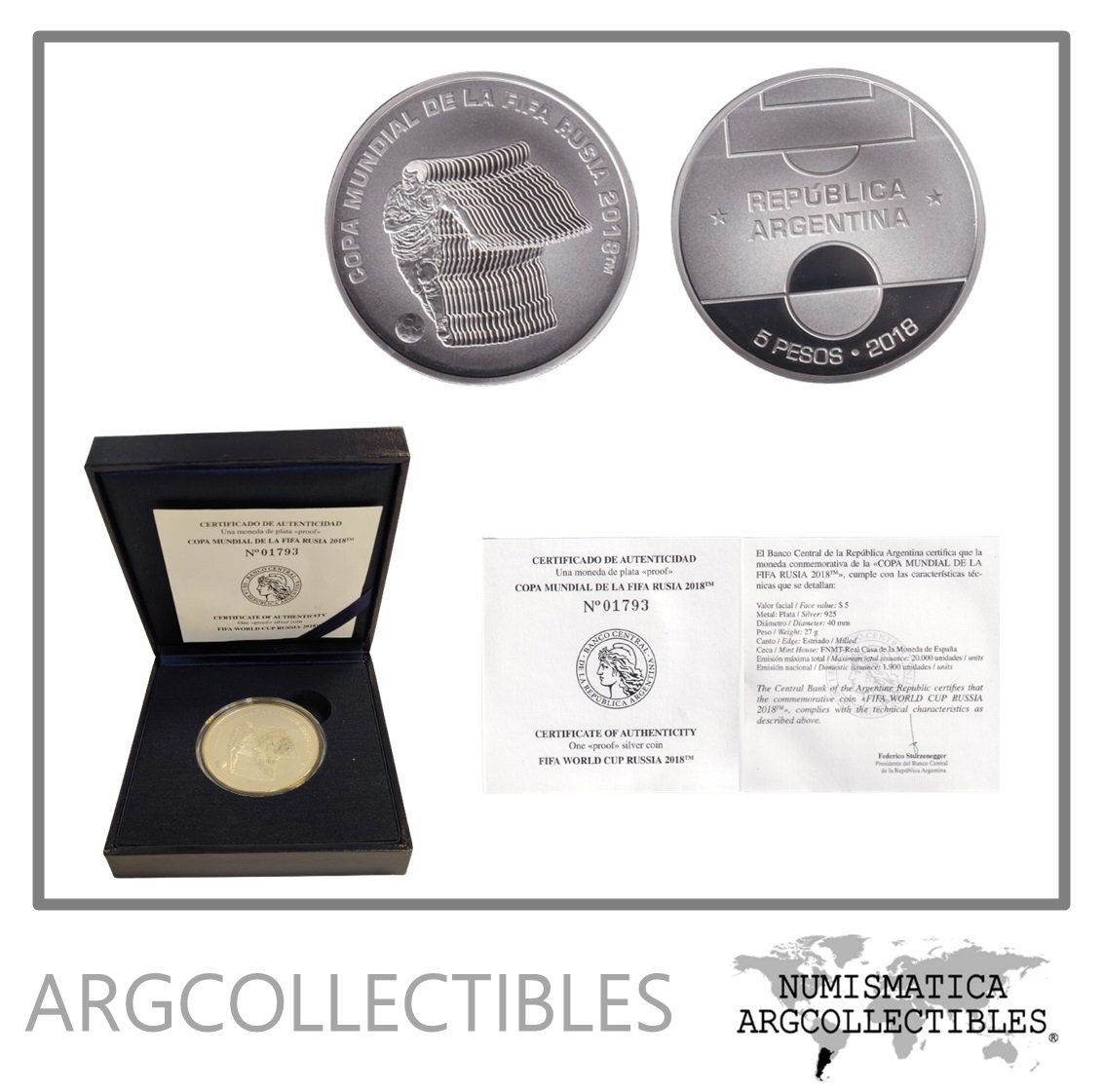 Argentina Moneda Estuche 5 Pesos 2018 Plata 925 Mundial Rusia CJ-8.22 Proof