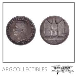 Italia Moneda 5 Liras 1927 Plata KM-67.1 VF+