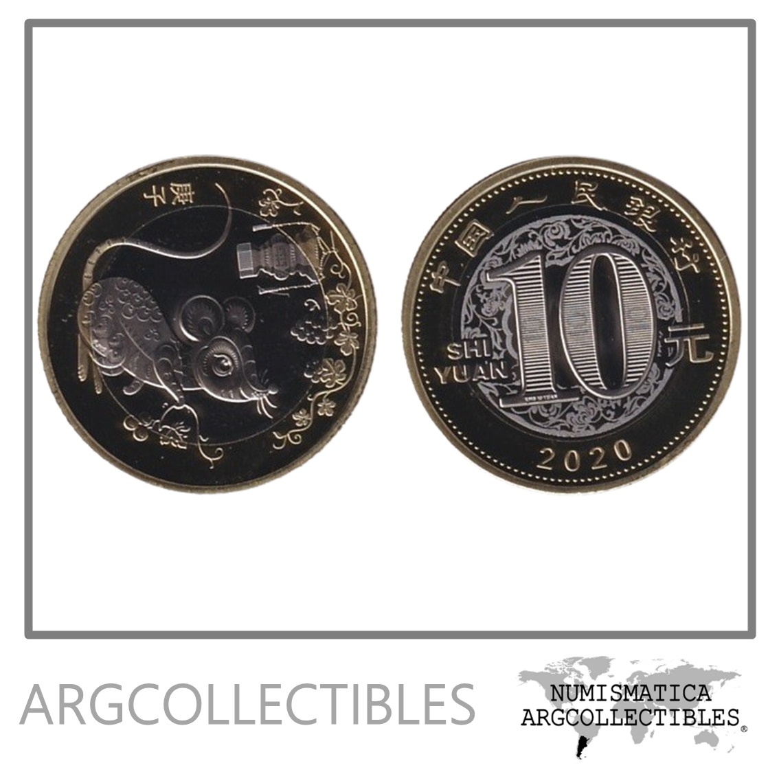 China Moneda 10 Yuan 2020 Bimetalica Año de la Rata UNC