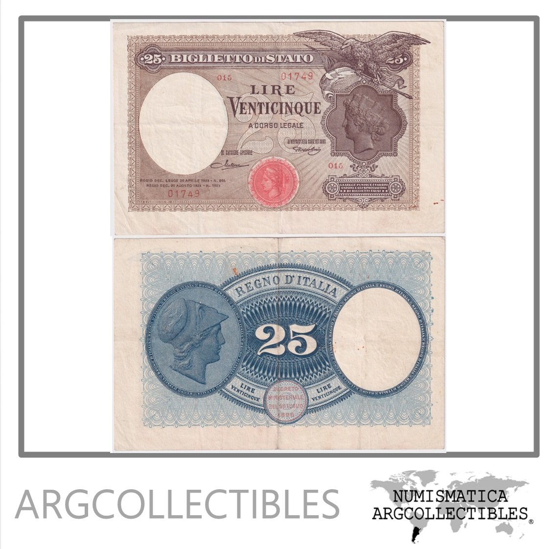 Italia Billete 25 Liras 1923 P-24a VF+