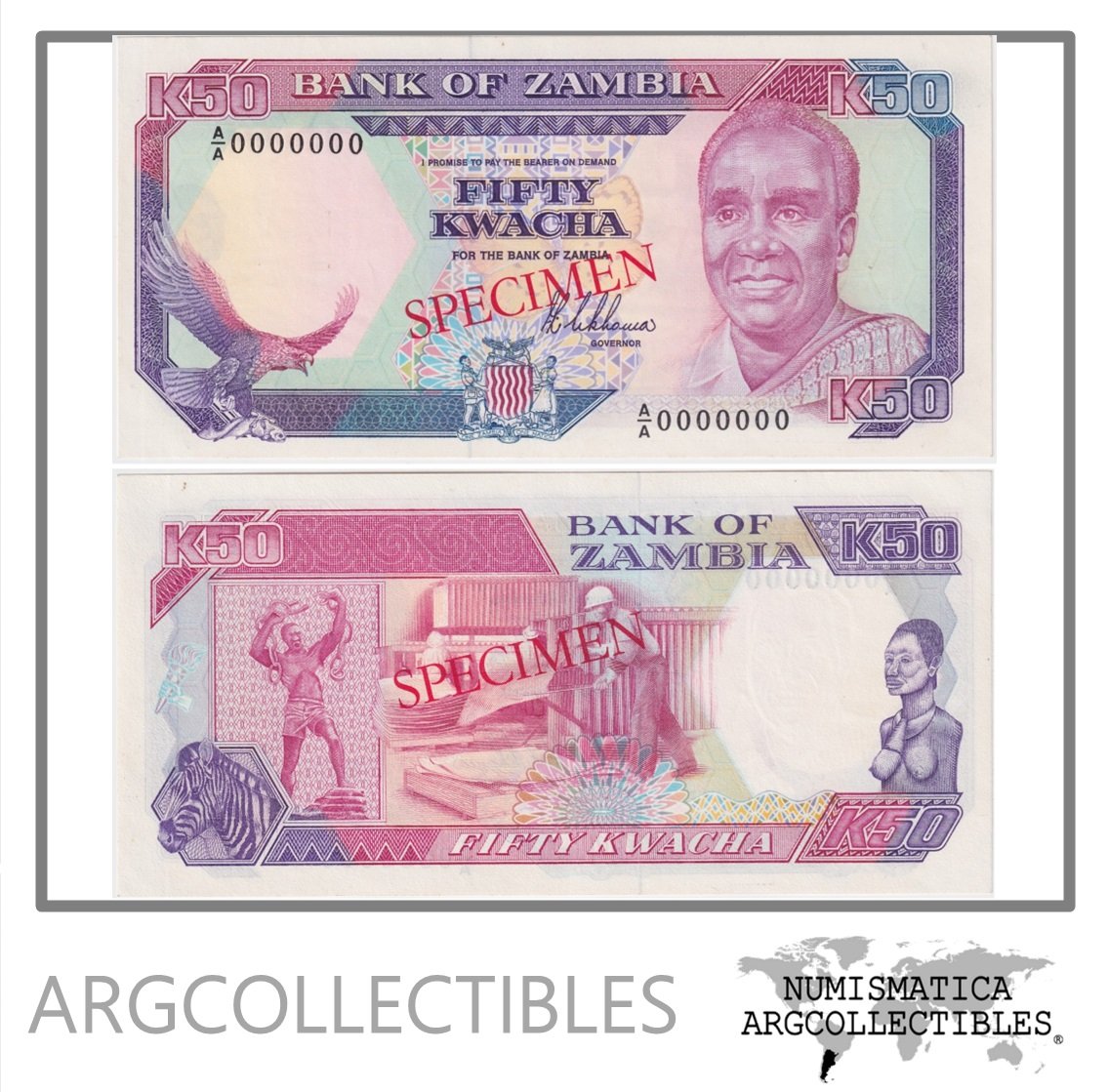 Zambia Billete 50 Kwacha 1989 P-335 UNC (Specimen)