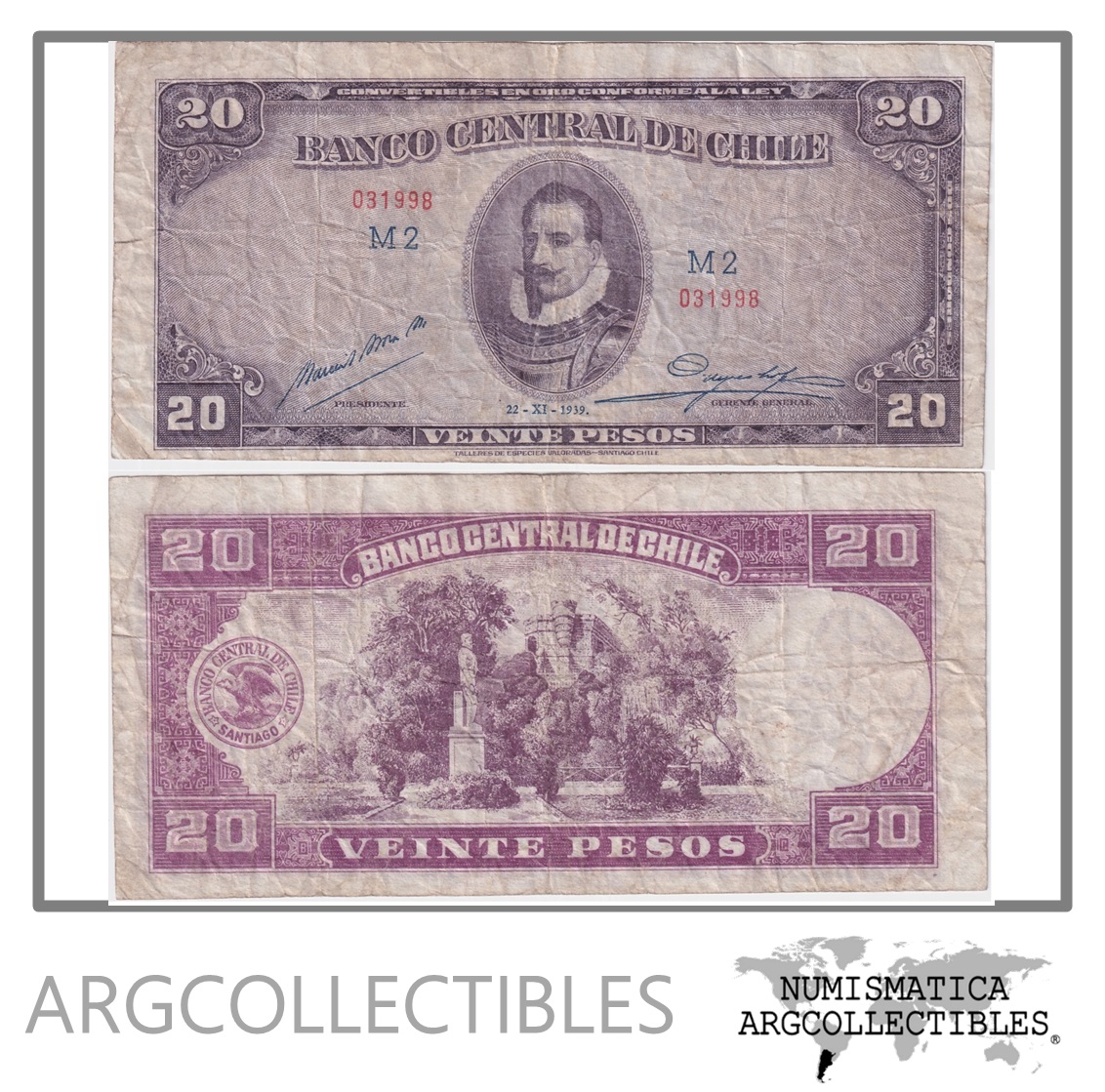 Chile Billete 20 Pesos 1939 P-93a F+