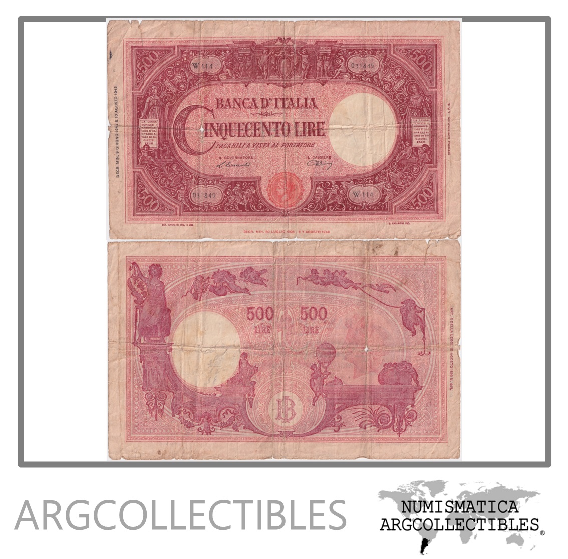 Italia Billete 500 Liras 1945 P-70b G