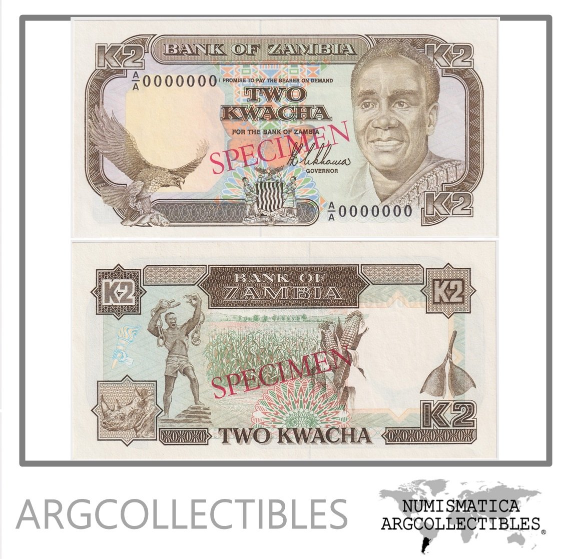 Zambia Billete 2 Kwacha 1989 P-29s UNC (Specimen)