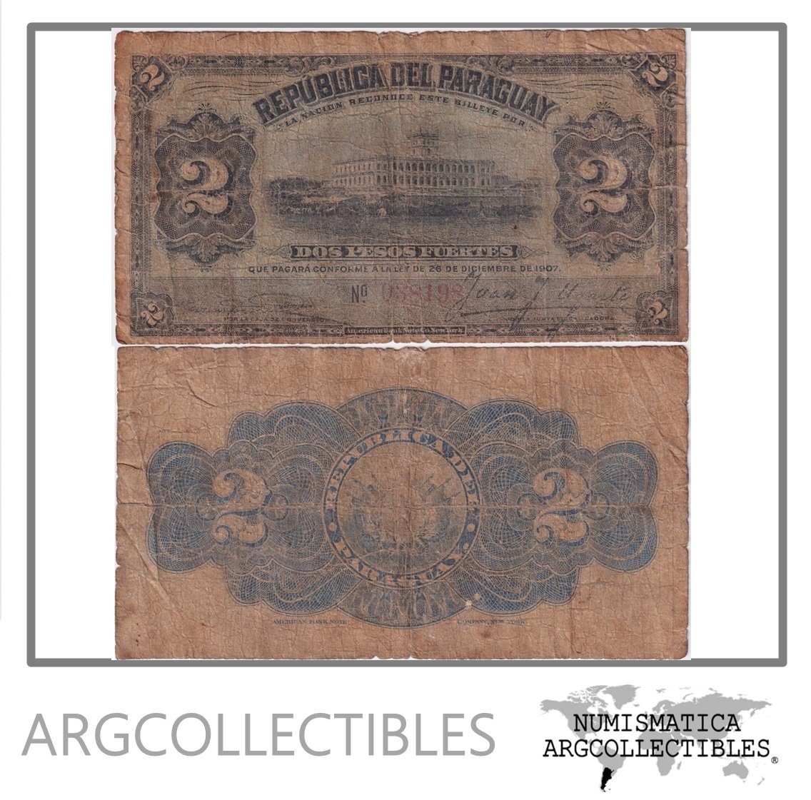 Paraguay Billete 2 Pesos 1907 P-117 F
