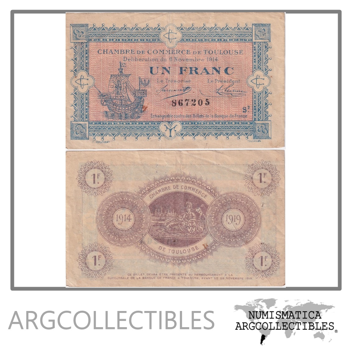 Francia Billete 1 Franco 1914 Chambre de Comerce Toulouse VF+