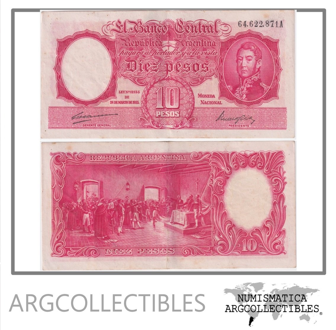 Argentina Billete 10 Pesos 1948 P-365b/BOT-1936 XF Serie A