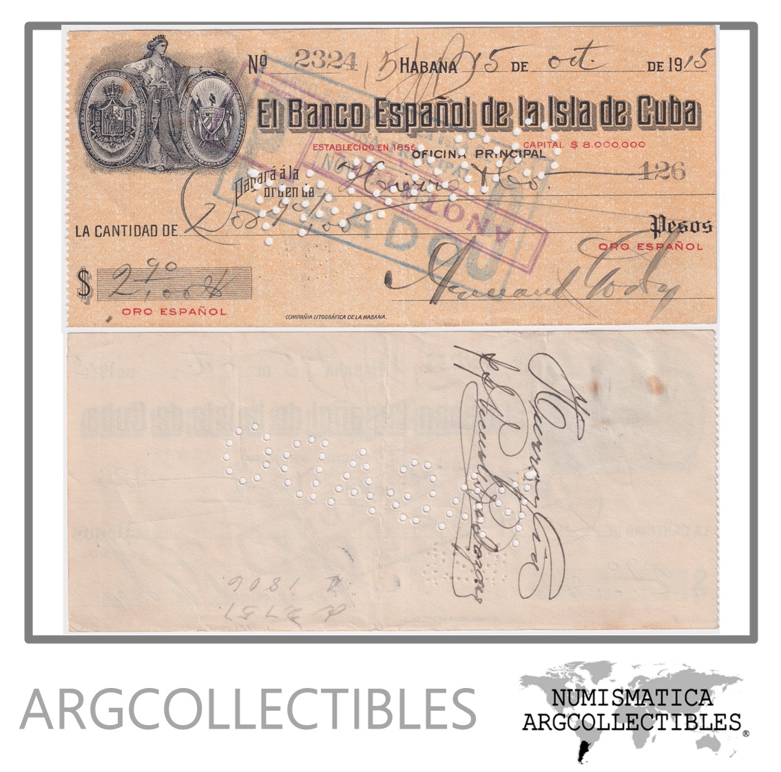 Cuba 2,90 Pesos 1915 Cheque Banco Español de la Isla de Cuba