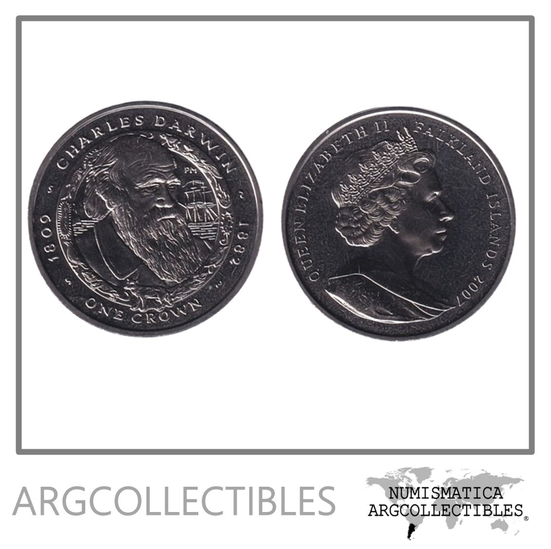 Malvinas Moneda 1 Crown 2007 Niquel Charles Darwin KM-140 UNC