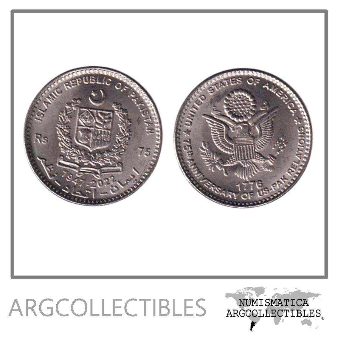 Pakistan Moneda 75 Rupias 2022 75 Aniversario Relacion con Usa Niquel UNC