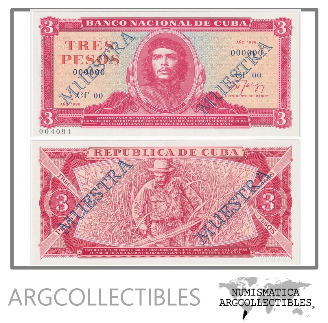 Cuba Billete 3 Pesos 1986 P-107s UNC (Specimen)