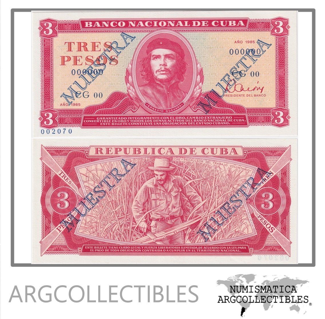 Cuba Billete 3 Pesos 1985 P-107s UNC (Specimen)