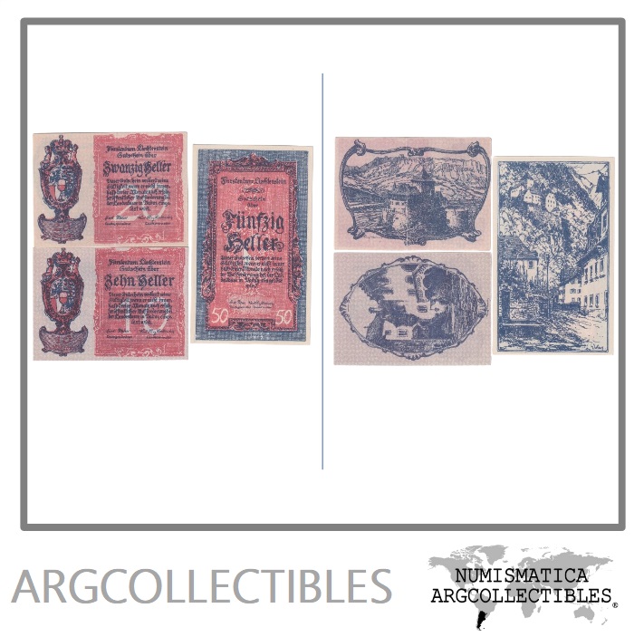 Liechtenstein Set x 3 Billetes 10-20-50 Heller 1920 P-1-2-3 UNC