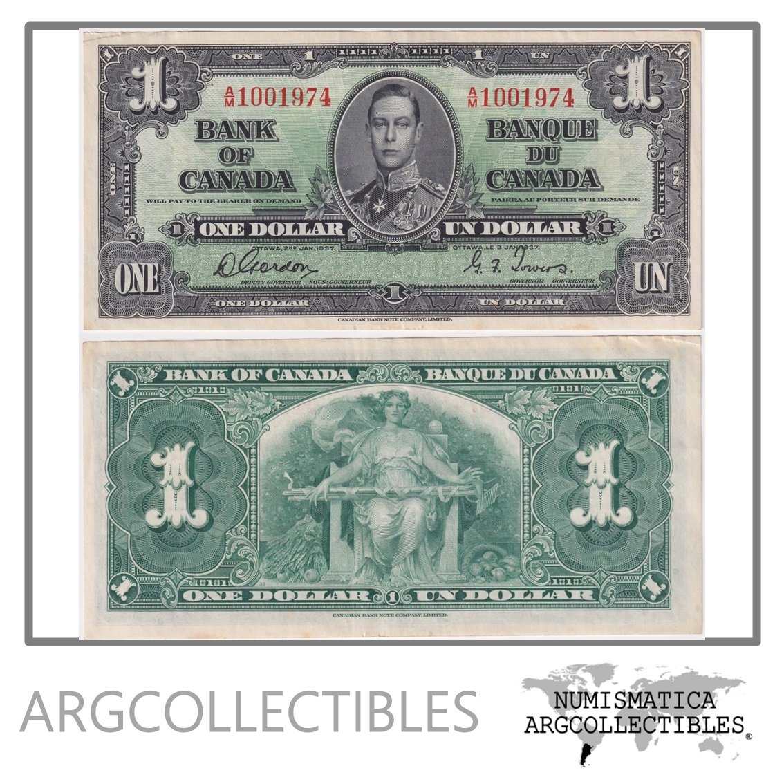 Canada Billete 1 Dolar 1937 P-58d XF+