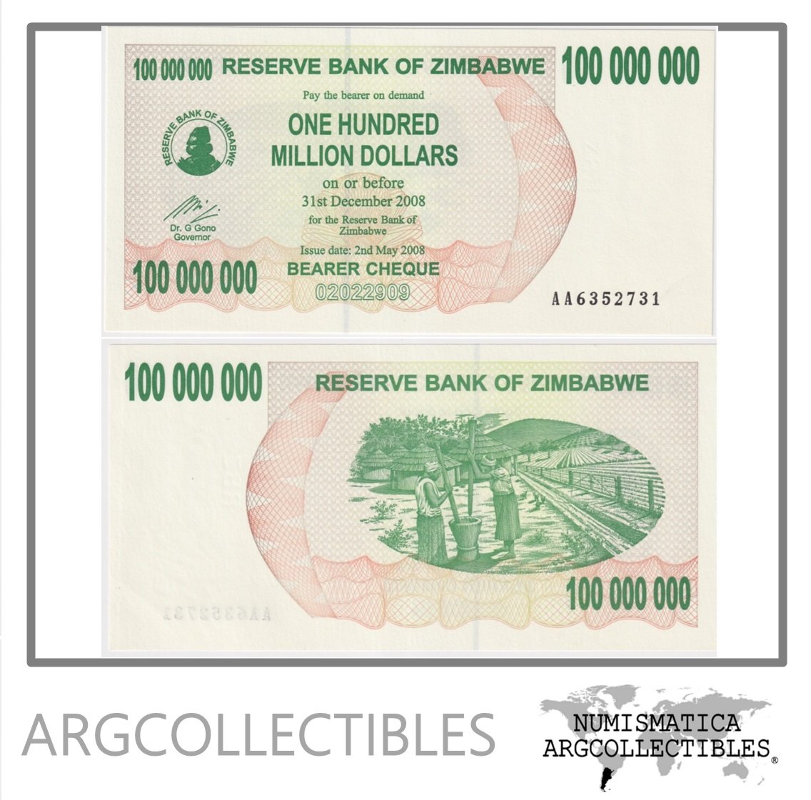 Zimbabwe Billete 100.000.000 Dolares 2008 P-58 UNC