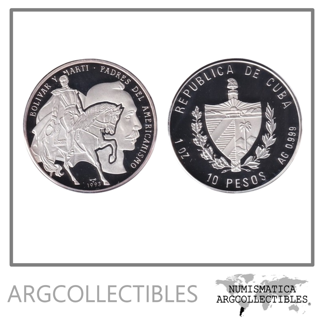 Cuba Moneda 10 Pesos 1993 Plata 999-1 Onza Bolivar y Marti KM-406.2 Proof