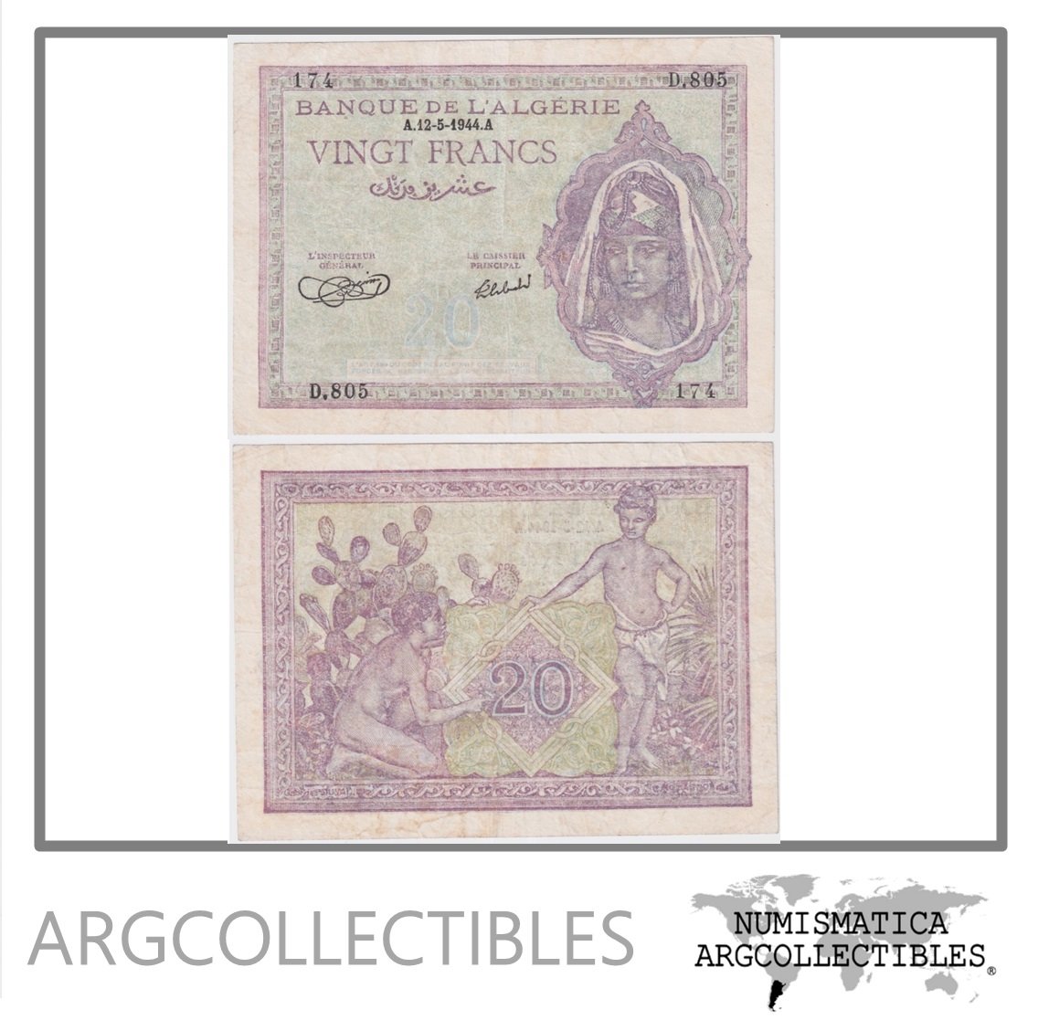 Argeria Billete 20 Francos 1944 P-92 VF-