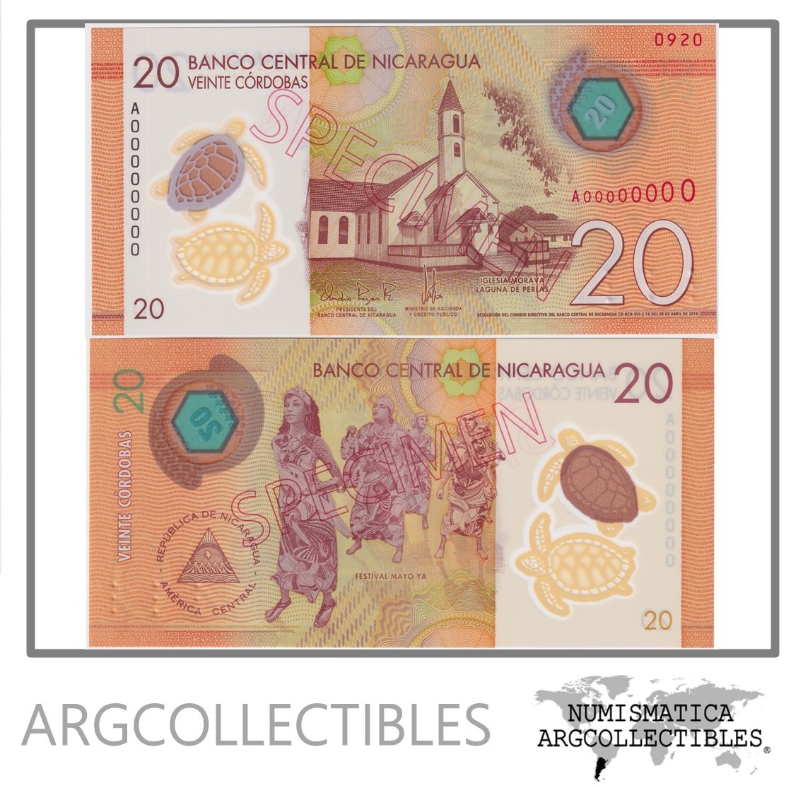 Nicaragua Billete 20 Cordobas 2019 P-210s UNC (Specimen) (Polimero)