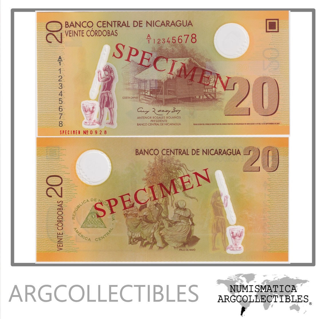 Nicaragua Billete 20 Cordobas 2007 P-202s UNC (Specimen) (Polimero)