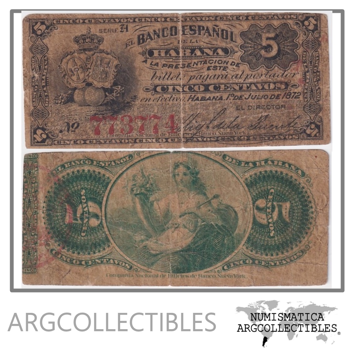 Cuba Billete 5 Centavos 1872 P-29a F+