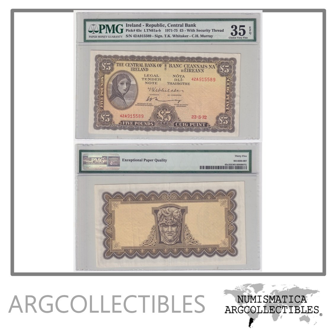 Irlanda Billete 5 Pounds 1972 P-65c VF+ (Certificado)