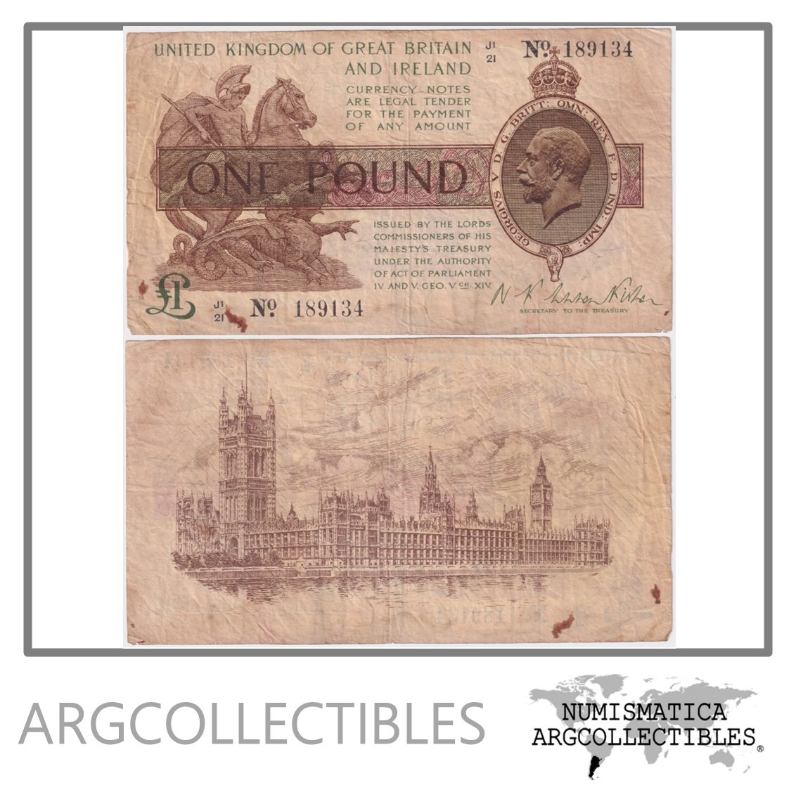 Inglaterra Billete 1 Pound 1928 P-361 F+ (Rey Jorge V)