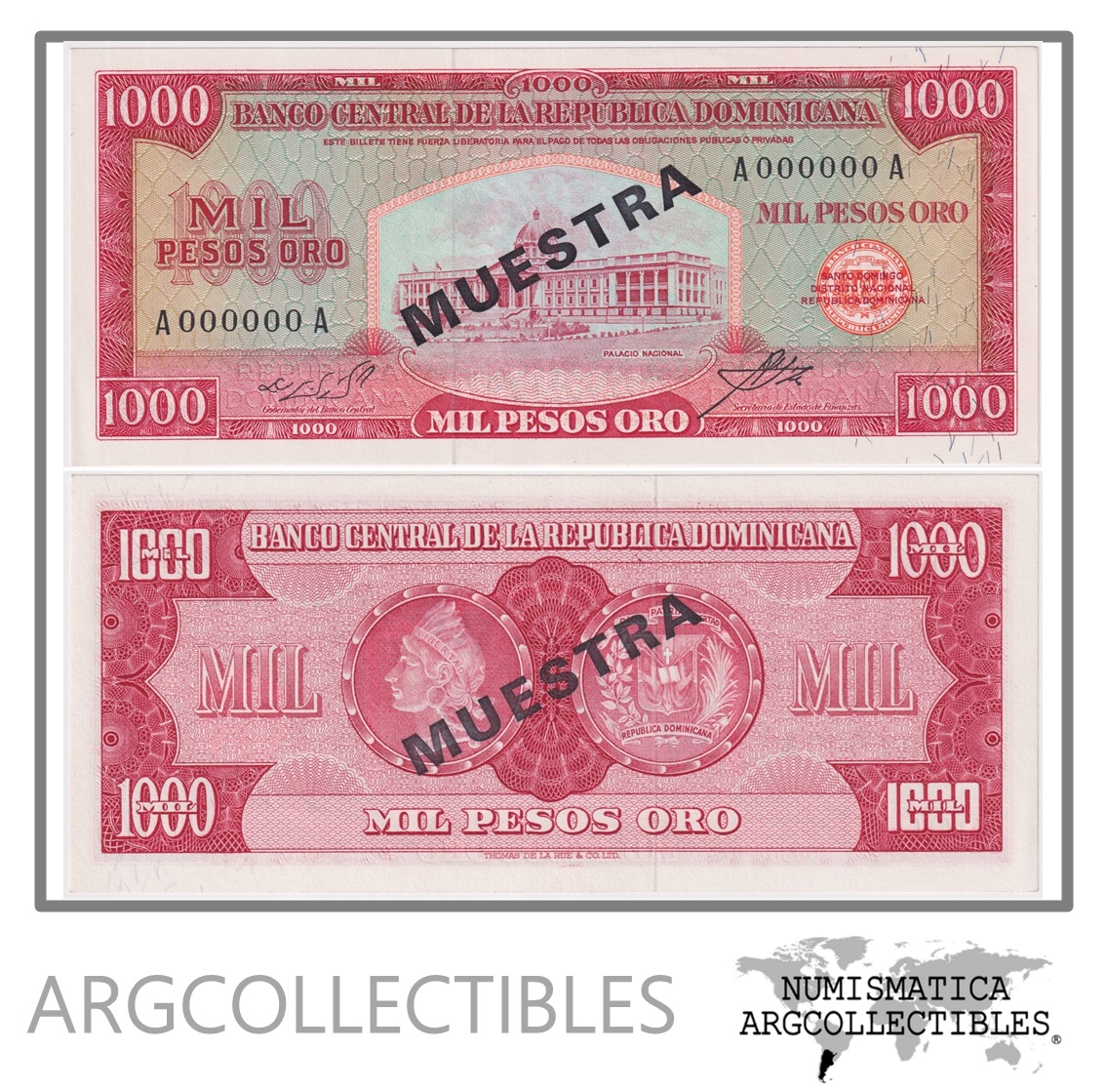 Republica Dominicana Billete 1.000 Pesos Oro 1965 P-106s UNC (Specimen)