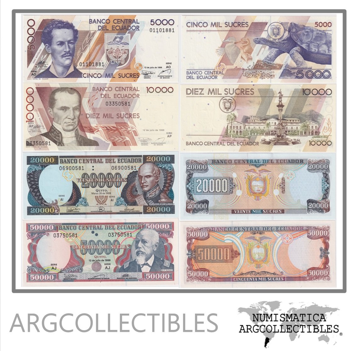 Ecuador Set x 4 Billetes 5.000,10.000,20.000,50.000 Sucres 1999 P-127-128-129-130 UNC