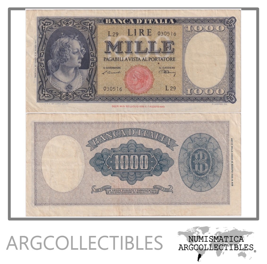 Italia Billete 1.000 Liras 1947 P-82 VF