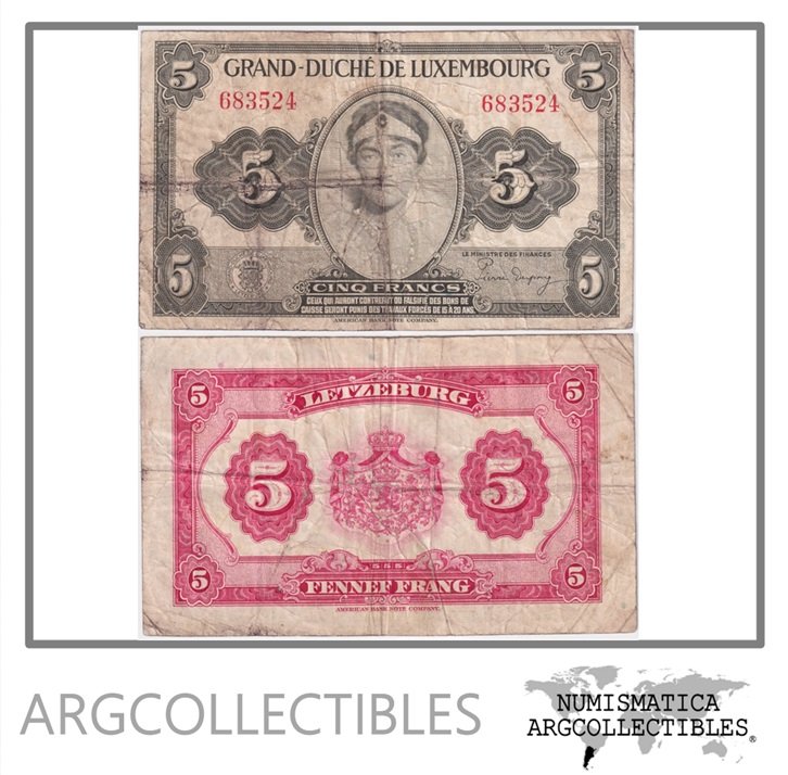 Luxemburgo Billete 5 Francos 1944 P-43 F+