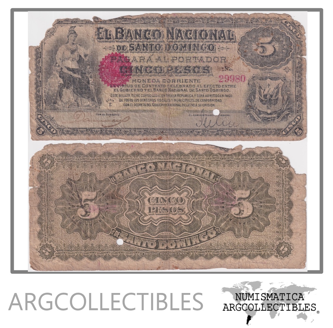 Republica Dominicana Billete 5 Pesos 1898 P-S-133 Poor
