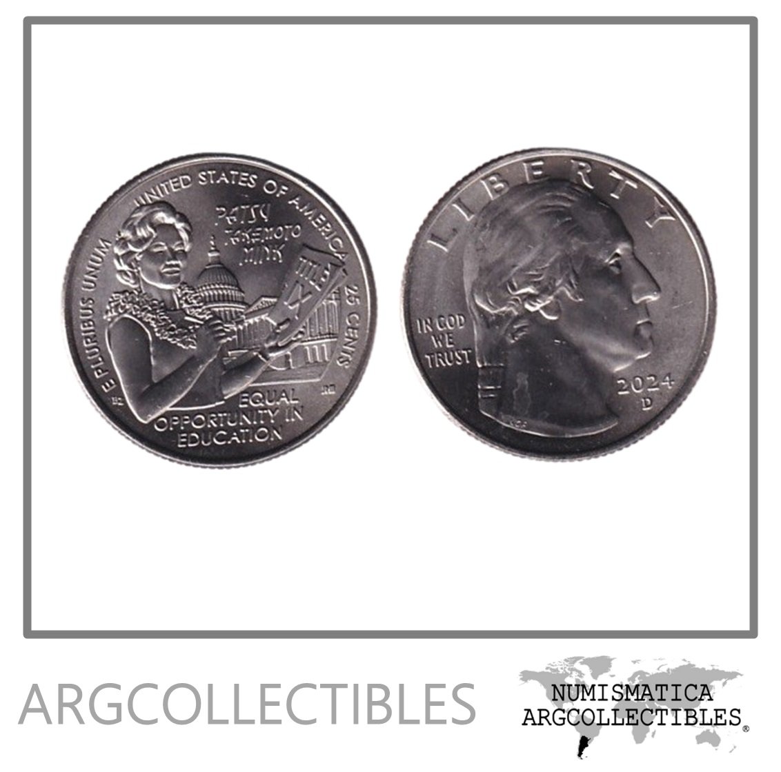 USA Moneda 1/4 Dolar 2024 D Niquel Mujeres Americanas Patsy Takemoto Mink UNC