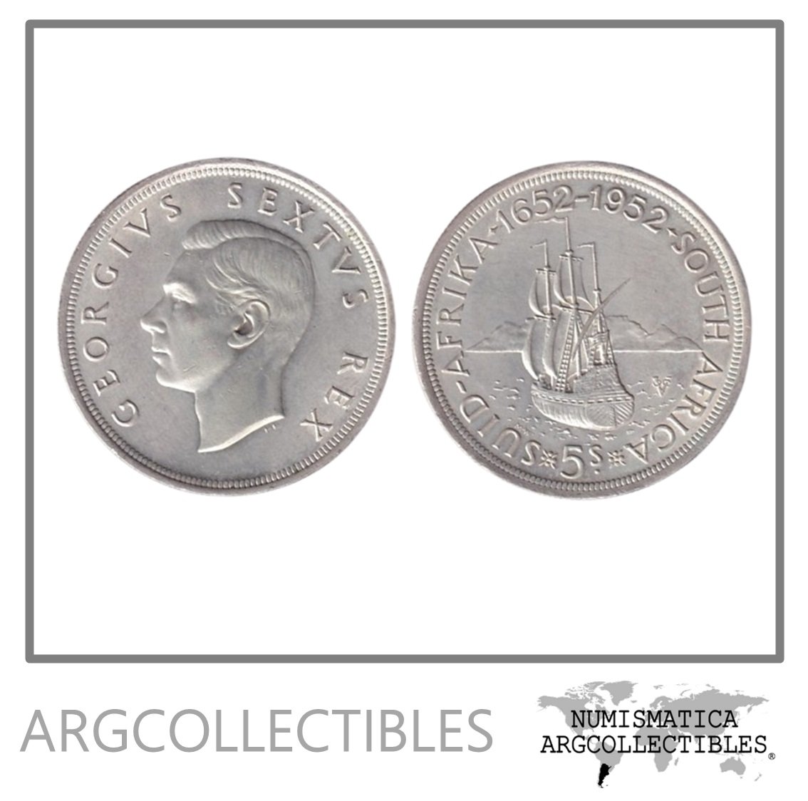 Sudafrica Moneda 5 Shillings 1952 Plata Barco Galeon Rey Jorge VI KM-41 AU