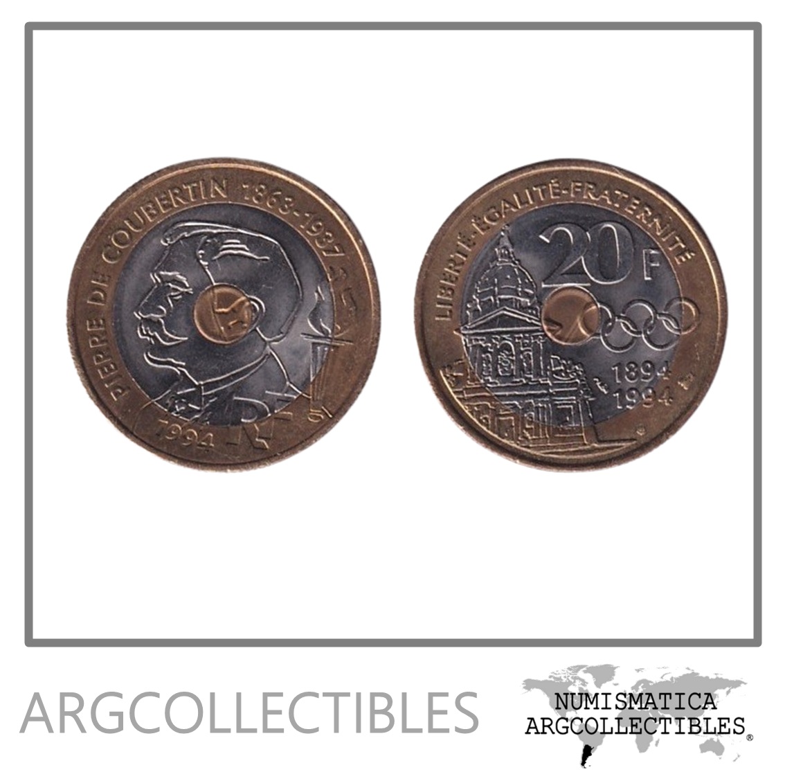 Francia Moneda 20 Francos 1994 100 Aniversario Comite Olimpico Trimetalica KM-1036 UNC