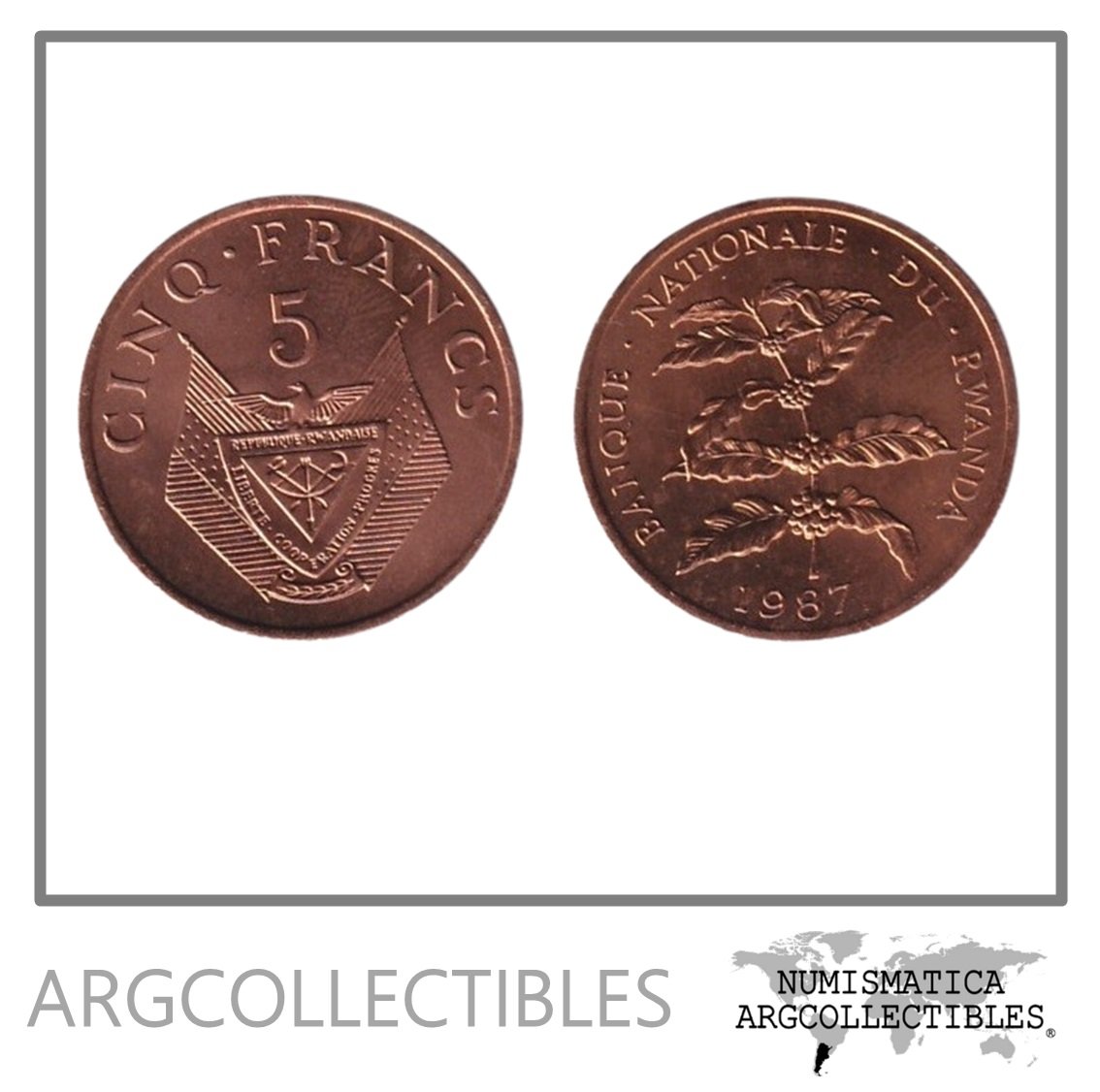 Rwanda Moneda 5 Francos 1987 Bronce KM-13 UNC