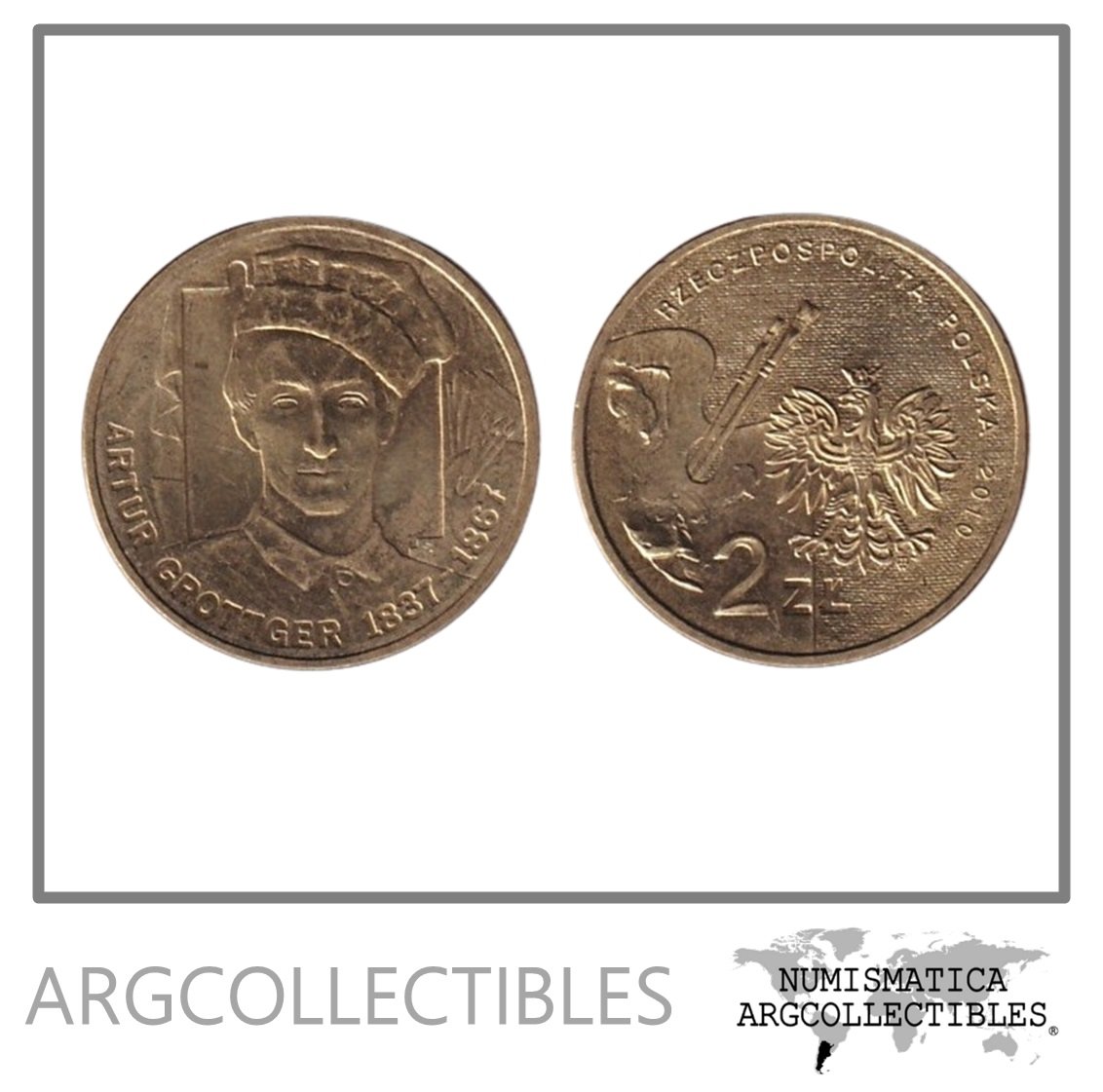 Polonia Moneda 2 Zlotych 2010 Artur Grottger Laton Y#746 UNC