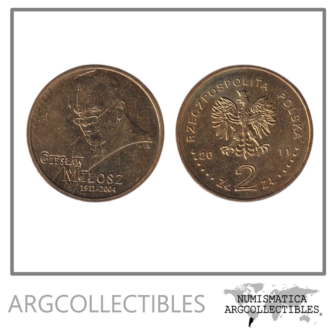 Polonia Moneda 2 Zlotych 2011 Czeslaw Milosz Laton Y#785 UNC