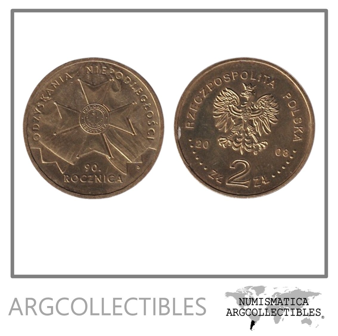 Polonia Moneda 2 Zlotych 2008 90 Aniversario Independencia Laton Y#650 UNC
