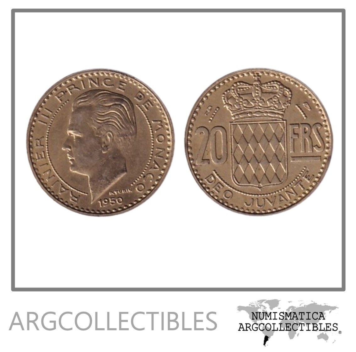 Monaco Moneda 20 Centimos 1950 Rainiero III Laton KM-131 XF+