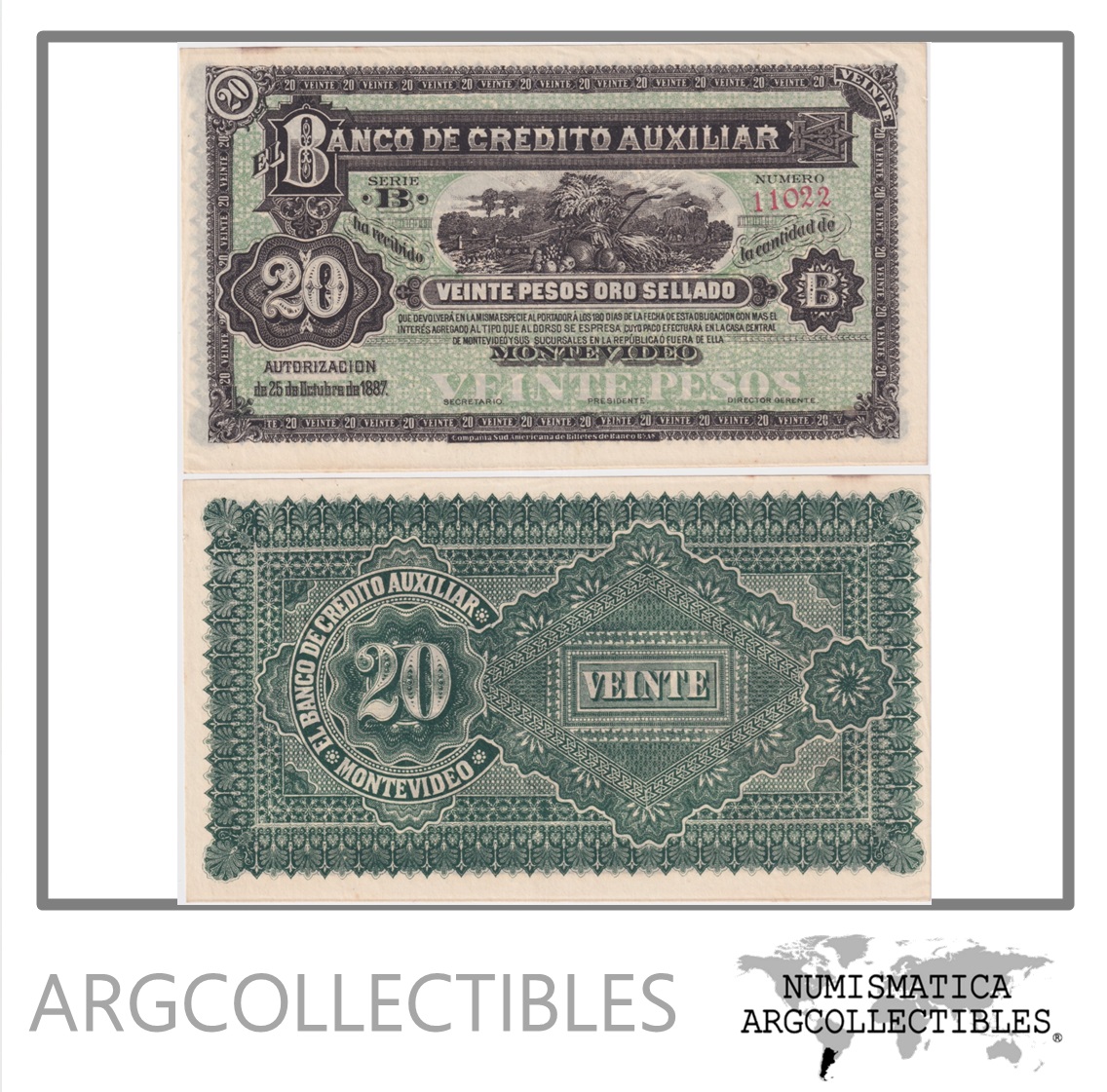 Uruguay Billete 20 Pesos 1887 P-S-164 AU (Credito Auxiliar)