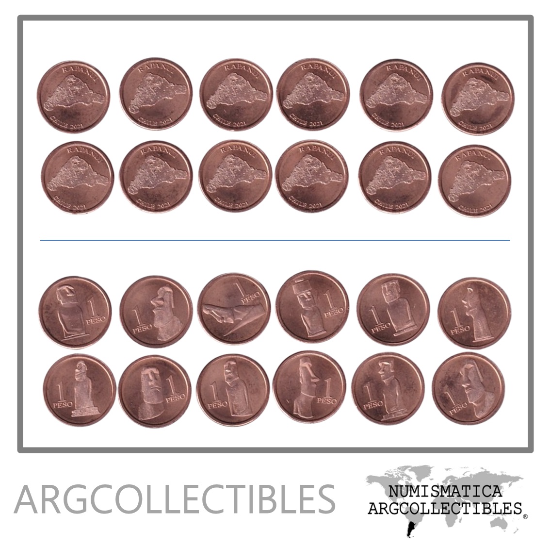 Isla de Pascua/ Chile Set x 12 Monedas 1 Peso Rapanui MOAI 2021 Cobre UNC