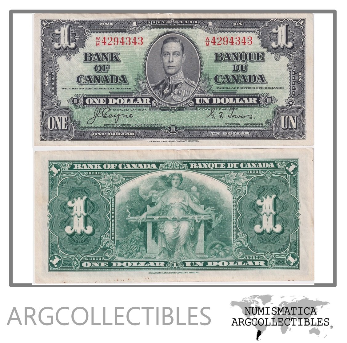 Canada Billete 1 Dolar 1937 P-58d XF