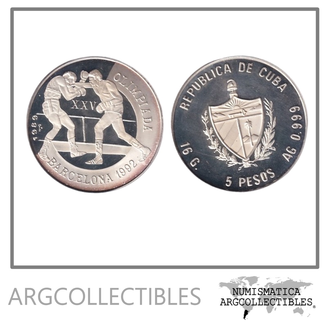 Cuba Moneda 5 Pesos 1989 Plata 999-16gr Boxeo Olimpiadas Barcelona 92 KM-224 Proof
