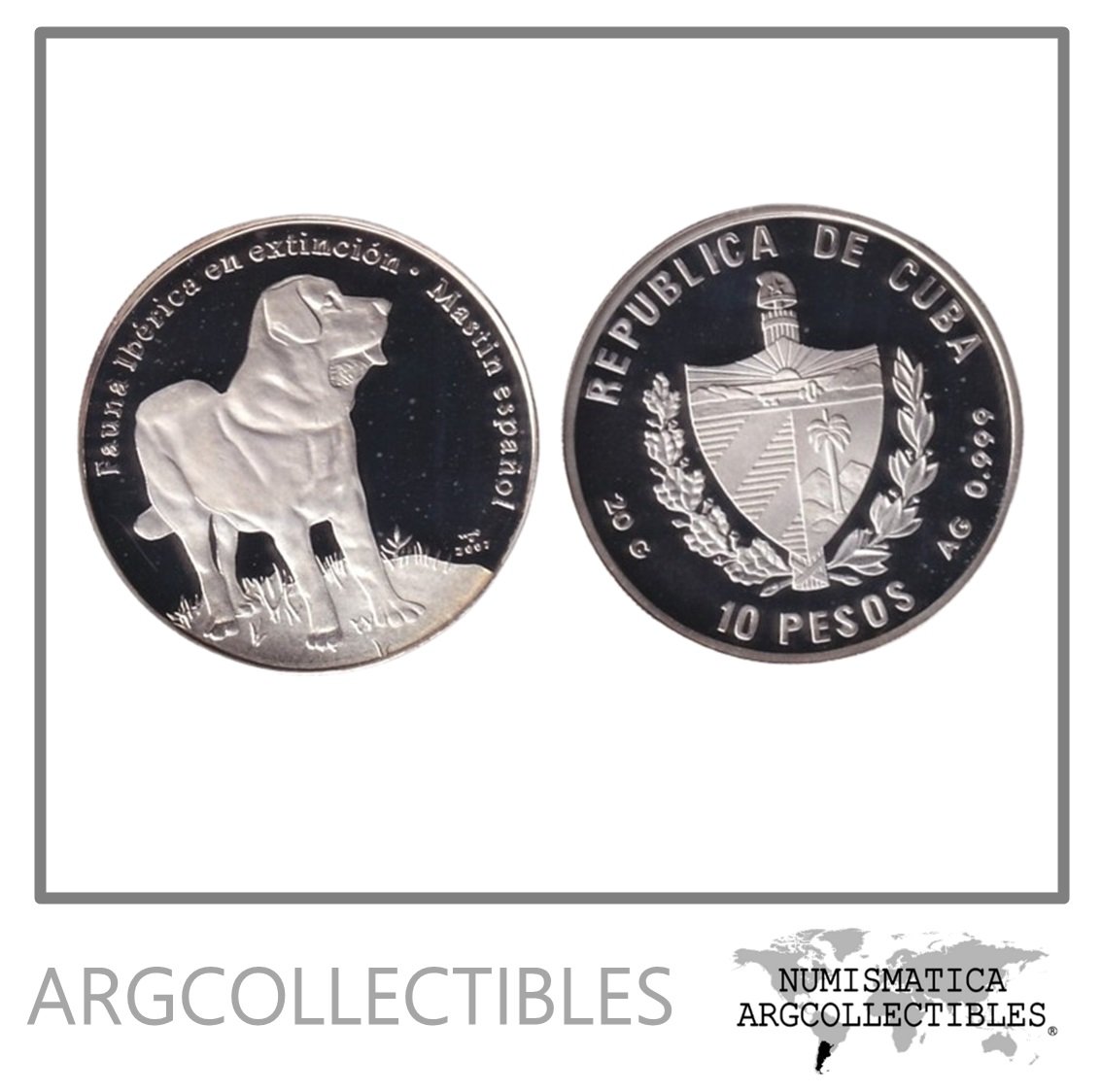 Cuba Moneda 10 Pesos 2007 Plata 999 -20gr Fauna Iberica Mastin Español KM-891 Proof